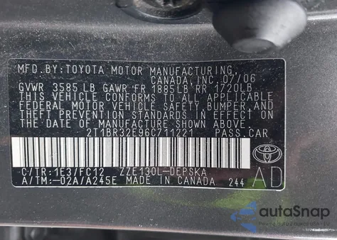 2006 Toyota Corolla S z USA, uszkodzony, nr VIN 2T1BR32E96C711221